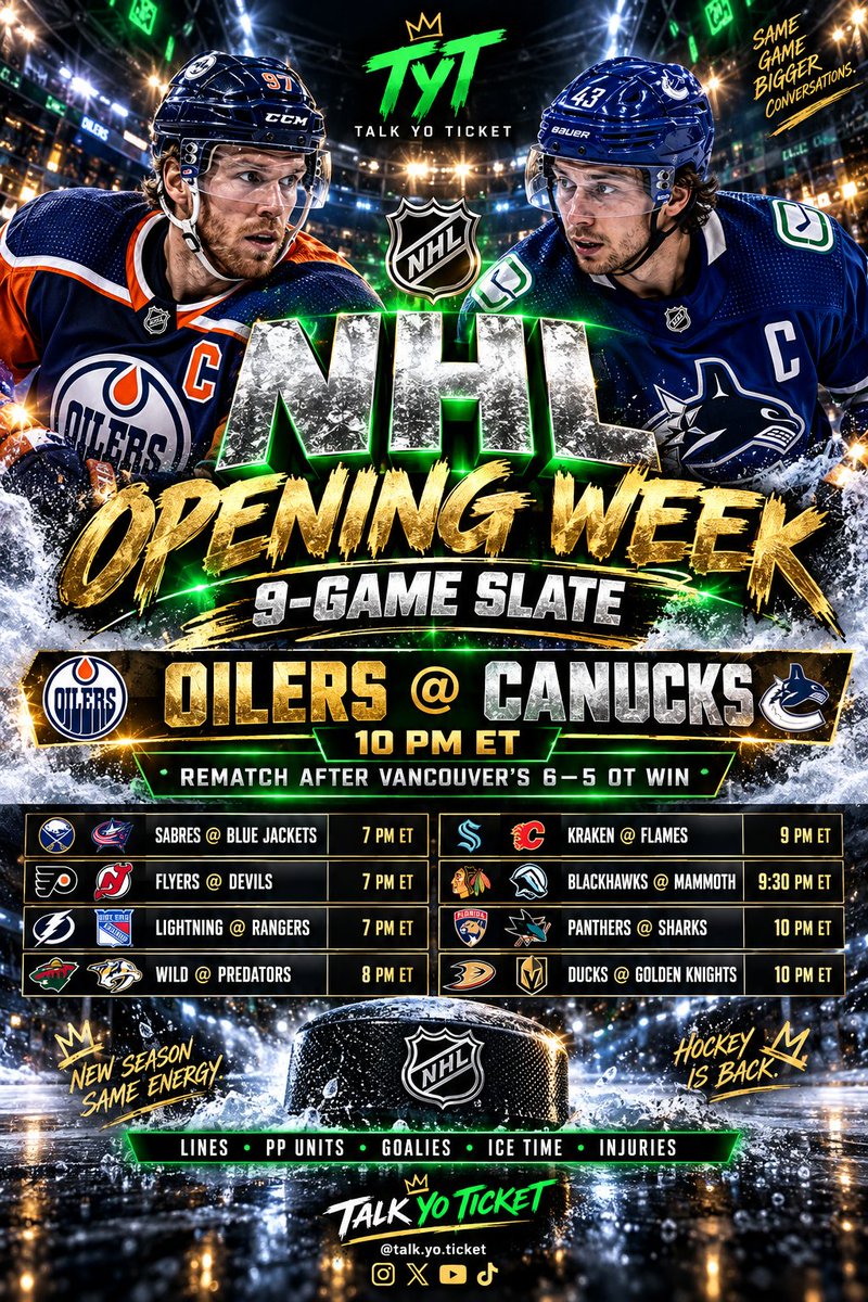 Talk_Yo_Ticket's tweet photo. 🏒 NINE NHL GAMES TONIGHT.

Opening week = recheck everything.

Lines • PP units • goalies • ice time • injuries • matchups

EDM/VAN is already a rematch after Tuesday’s 6–5 OT game.

DON’T BET LAST YEAR’S ROLE. 👑

#TalkYoTicket #NHL https://t.co/7VnPuJIU1S