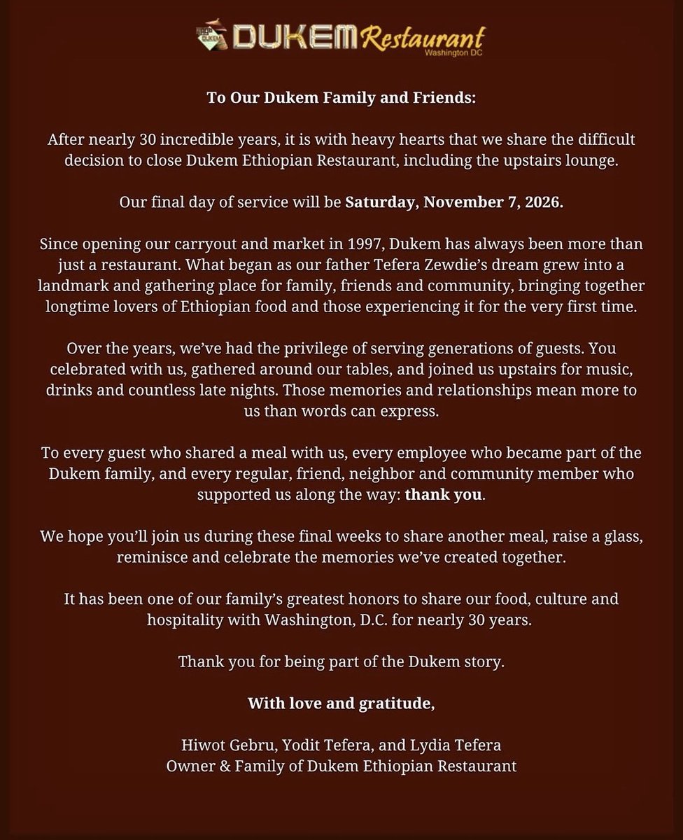 jsidman's tweet photo. DC Ethiopian restaurant Dukem is closing after nearly 30 years https://t.co/rwPJLJ6xkt