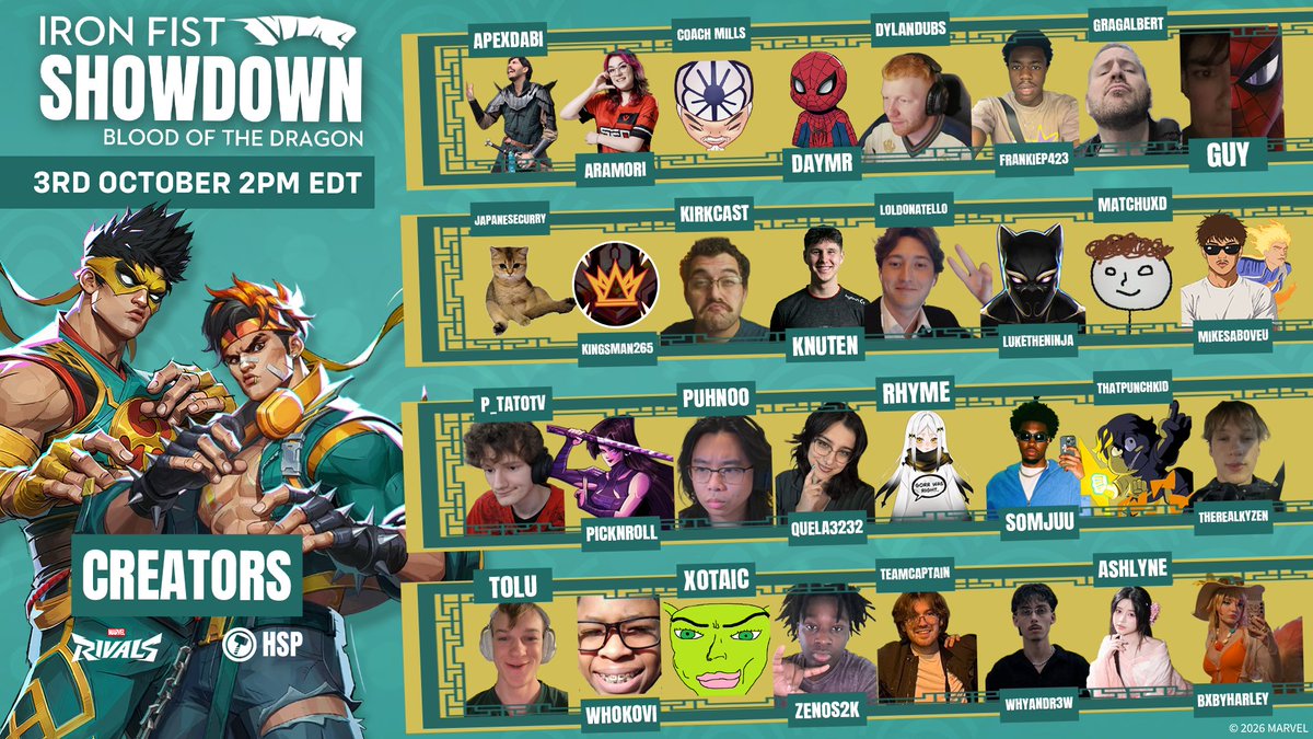 bencerrrr_'s tweet photo. 👊 CREATOR ANNOUNCEMENT 👊

Washed up on the shores of K'un-Lun, these warriors,  will need to face off in a 3v3 showdown before finding their path home, but they won't be going it alone..

#IronFistShowdown #MarvelRivalsㅤ https://t.co/fpGjlpouAA