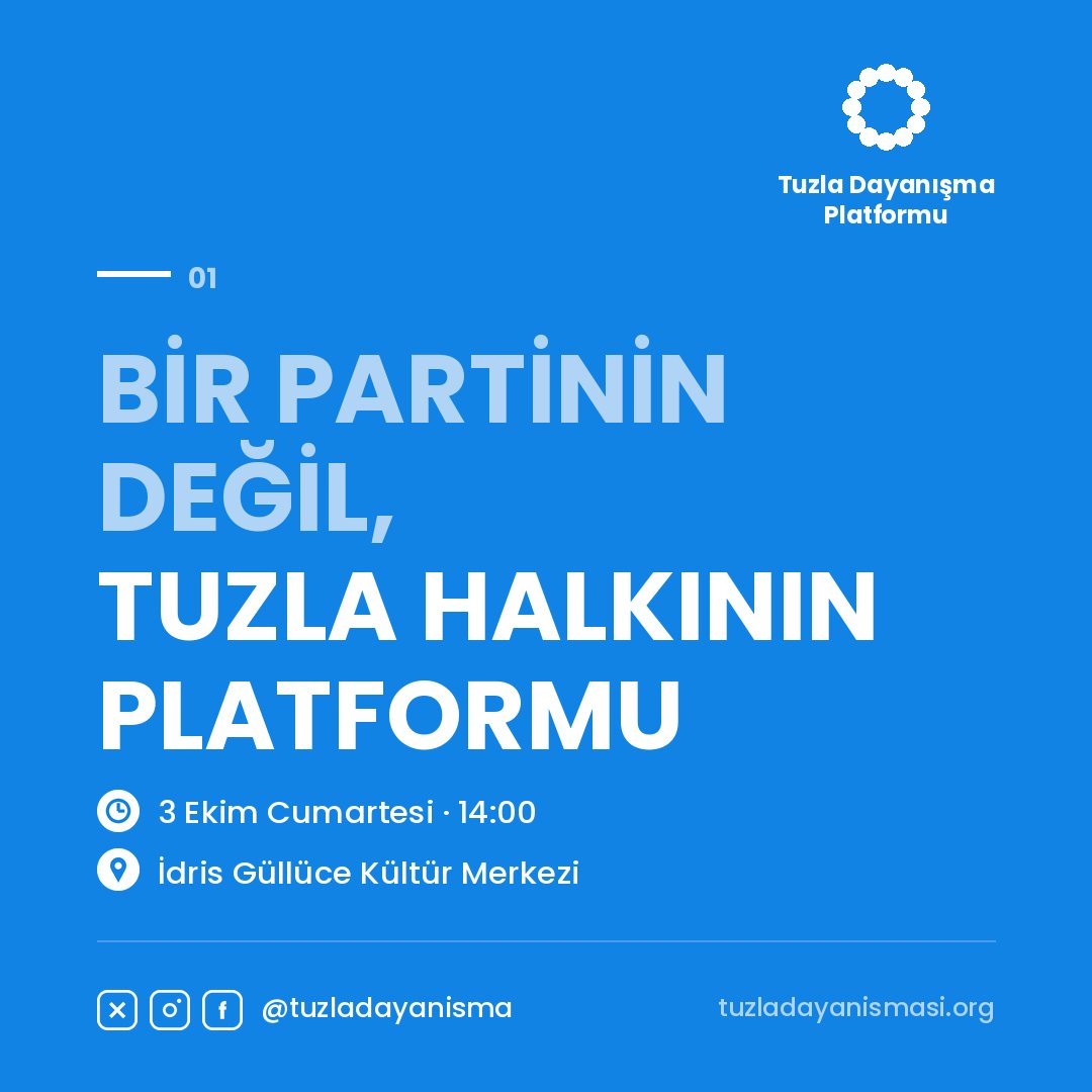 tuzladayanisma's tweet photo. TUZLA DAYANIŞMA PLATFORMU KURULUYOR

Farklı düşüncelere, farklı siyasi tercihlere sahip olabiliriz. Ama hepimizin ortak bir yanı var: Biz Tuzlalıyız. Aynı havayı soluyor, aynı denize bakıyor, aynı sorunlarla yaşıyoruz.

📅 3 Ekim Cumartesi · 14:00
📍 İdris Güllüce Kültür Merkezi https://t.co/gV4VTlwelA