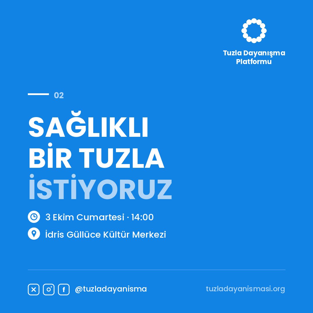 tuzladayanisma's tweet photo. TUZLA DAYANIŞMA PLATFORMU KURULUYOR

Farklı düşüncelere, farklı siyasi tercihlere sahip olabiliriz. Ama hepimizin ortak bir yanı var: Biz Tuzlalıyız. Aynı havayı soluyor, aynı denize bakıyor, aynı sorunlarla yaşıyoruz.

📅 3 Ekim Cumartesi · 14:00
📍 İdris Güllüce Kültür Merkezi https://t.co/gV4VTlwelA