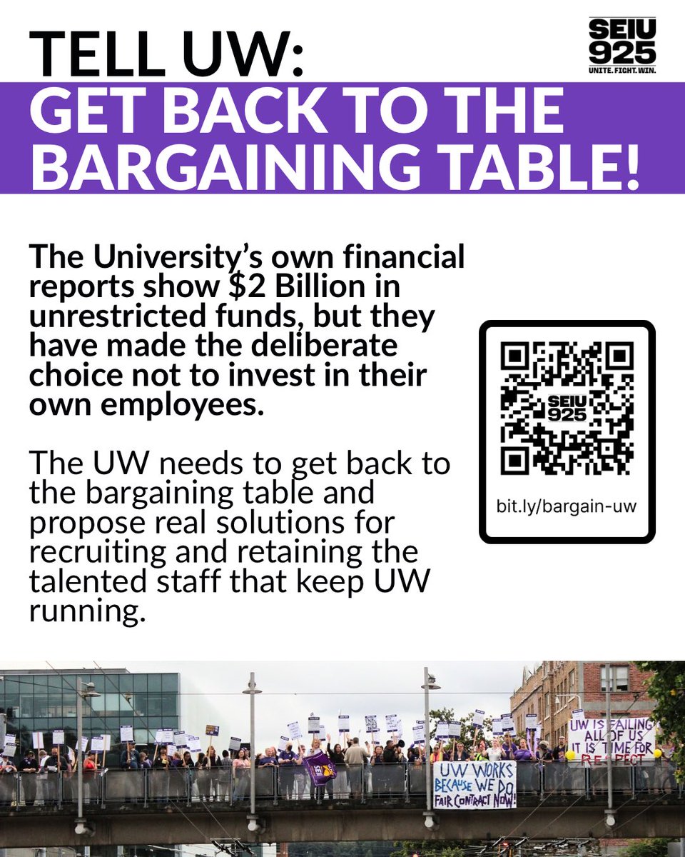 SEIU925's tweet photo. SEIU 925 members members found the University of Washington's "last, best, &amp; final" contract offer unacceptable given cost of living in the region, unsustainable workloads, &amp; persistent staffing problems due to retention issues.

TAKE ACTION HERE: https://t.co/0iZtPos2xR https://t.co/bMdoCZb4RK
