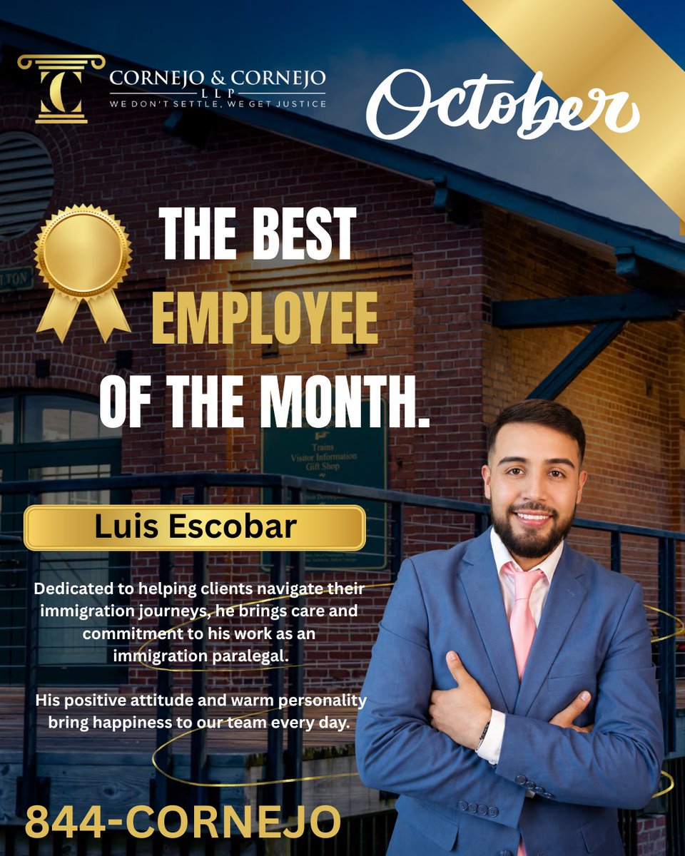 Cornejo_Law's tweet photo. 🌟 Meet Cornejo & Cornejo’s October Employee of the Month: Luis Escobar! 🌟

As an immigration paralegal, Luis brings dedication, compassion, and care to helping our clients navigate their immigration journeys. His positive attitude and warm personality brighten our office and bring happiness to our team every day.

Thank you, Luis, for your hard work and the heart you put into everything you do. We’re proud to celebrate you! 👏💙

#cornejoandcornejolaw #immigrationlaw #employeeofthemonth