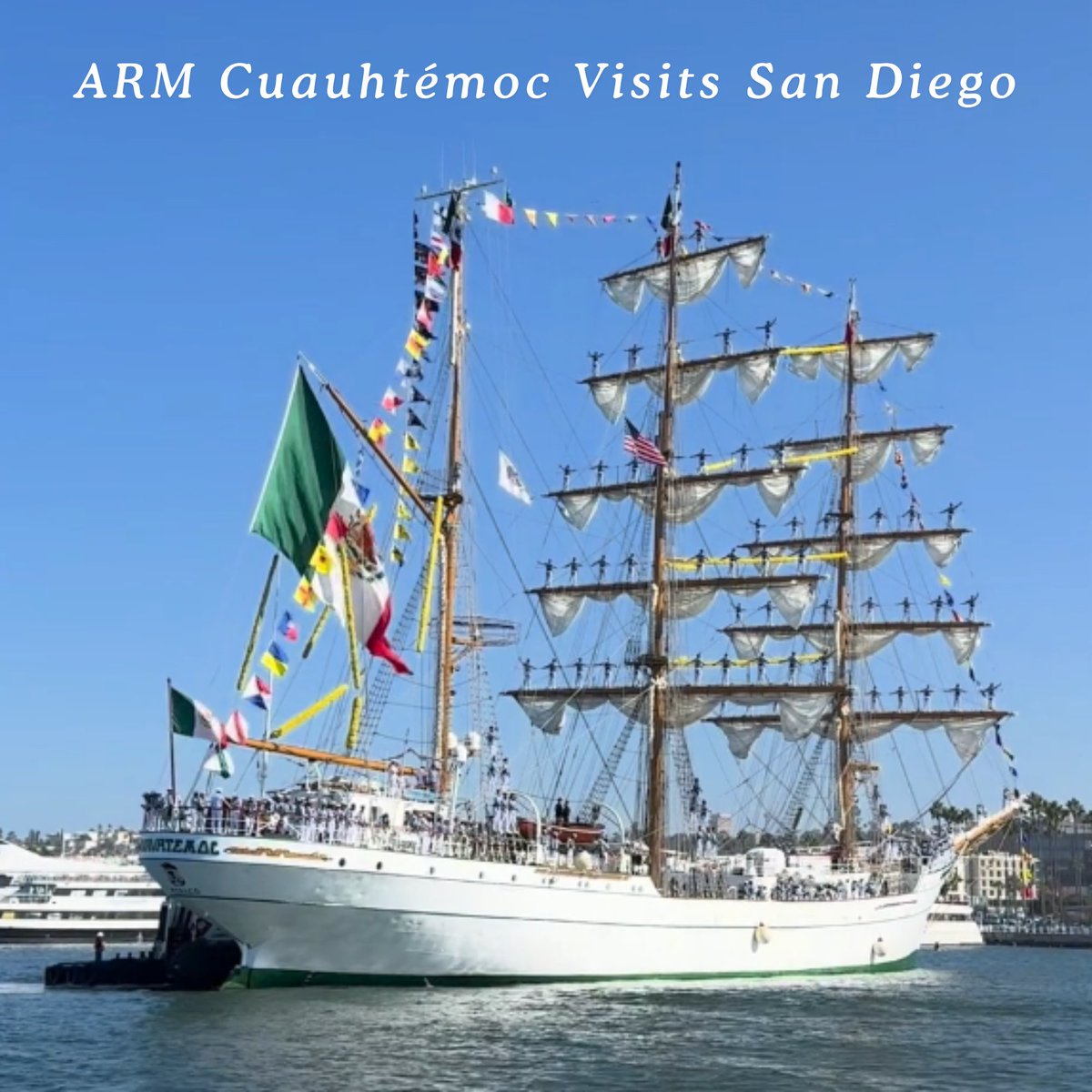sdmaritime's tweet photo. A special visitor has arrived on the San Diego waterfront.
The Maritime Museum of San Diego is pleased to welcome the arrival of ARM Cuauhtémoc, a Mexican Navy sail training vessel now docked just north of the Museum. https://t.co/TuXWyTwdzX