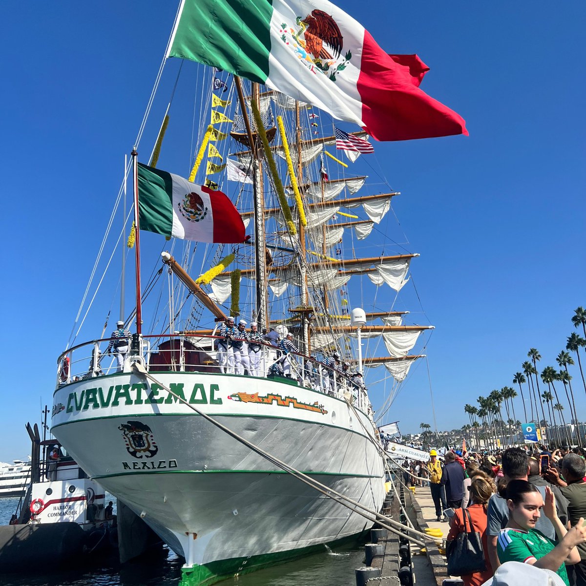 sdmaritime's tweet photo. A special visitor has arrived on the San Diego waterfront.
The Maritime Museum of San Diego is pleased to welcome the arrival of ARM Cuauhtémoc, a Mexican Navy sail training vessel now docked just north of the Museum. https://t.co/TuXWyTwdzX