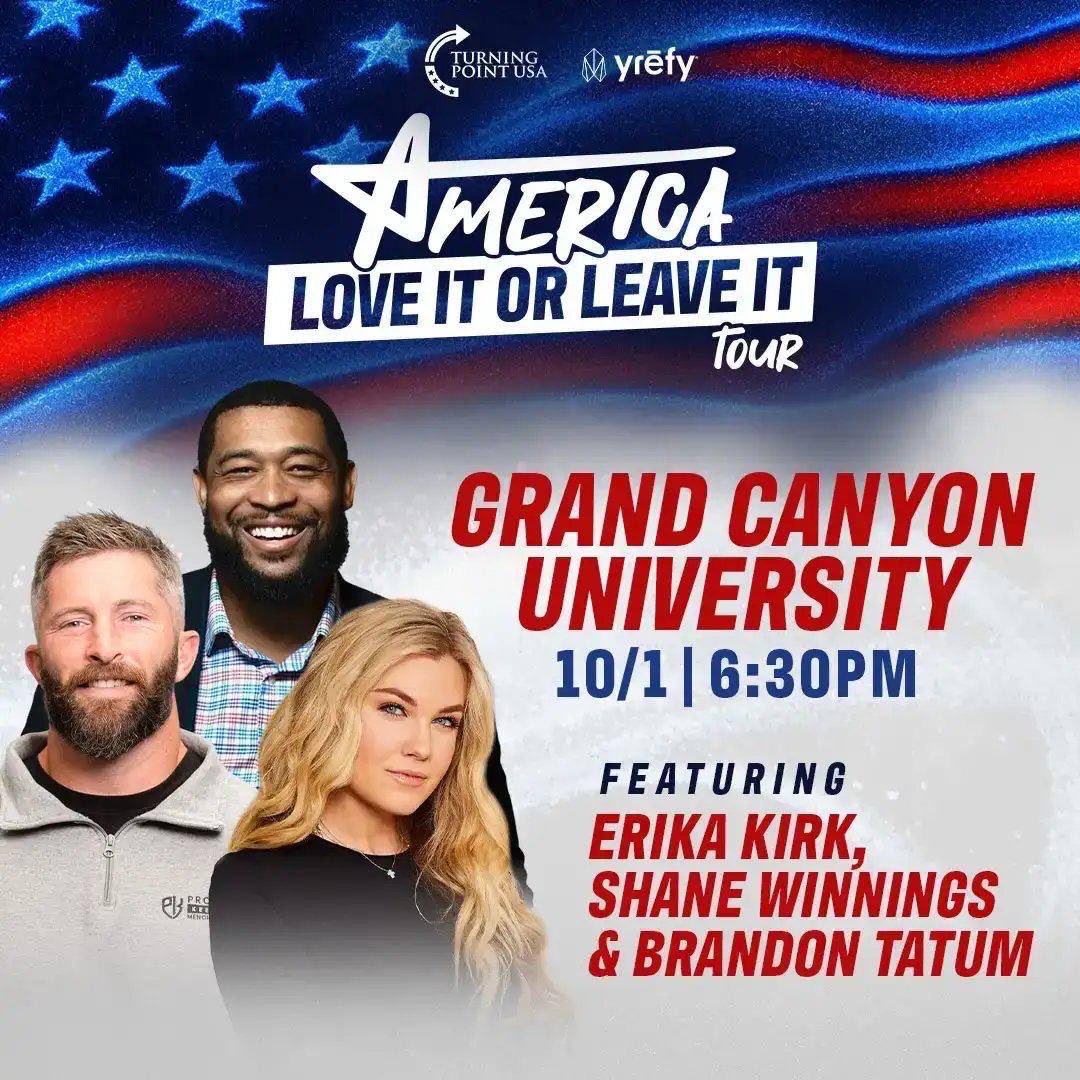 MrsErikaKirk's tweet photo. So deeply honored to be at one of my husband’s favorite universities tonight, GCU!

Blessed to be speaking alongside incredible @TPUSA contributors Shane Winnings and Brandon Tatum and can’t wait to see you all there! https://t.co/L4Spyltyrw
