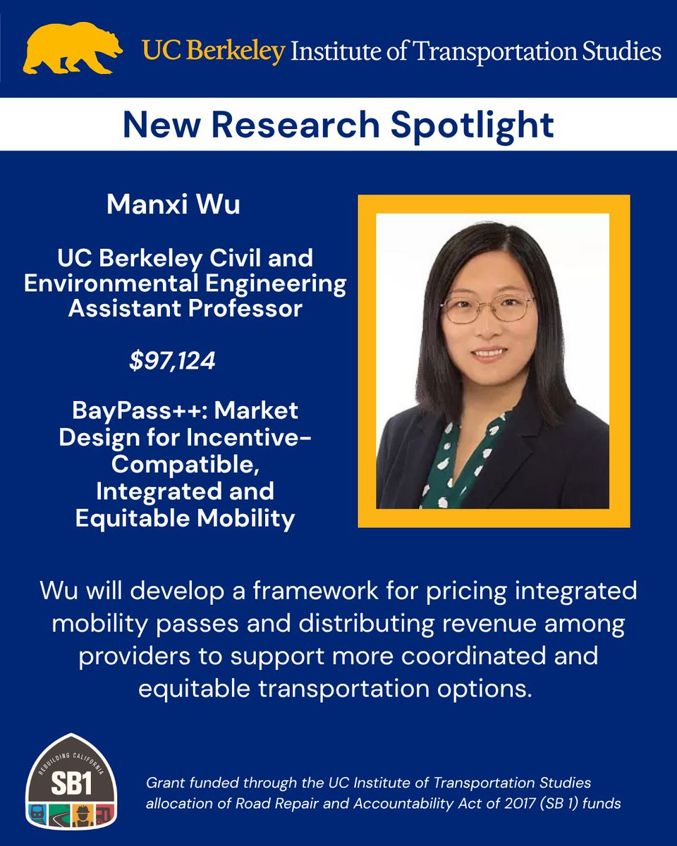 BerkeleyITS's tweet photo. We are excited to support @cal_engineer @berkeleycee Assistant Professor Manxi Wu's research  project: BayPass++: Market Design for Incentive-Compatible, Integrated and Equitable Mobility: https://t.co/HeKX2vYvy7 https://t.co/2v8JoI68FS