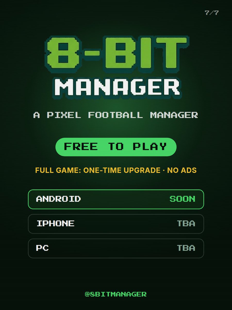 eightbitmanager's tweet photo. Free to play. Full game is a one-time upgrade with no ads.

📱 Android: soon
🍎 iPhone / 💻 PC: TBA

Follow for dev updates. Did you ever run a league by hand? 👀 https://t.co/O3oaRa4zo5