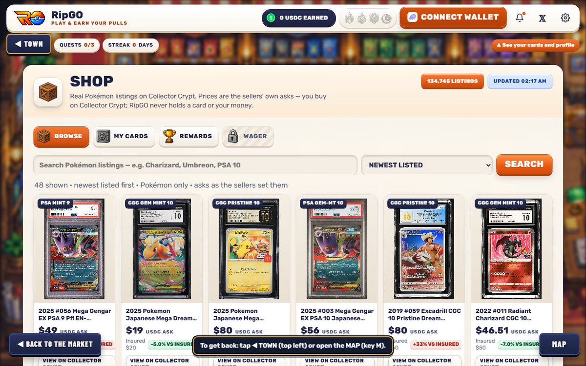 ripgofun's tweet photo. 134,000 Pokémon listings, inside the town.

The Market now has a Shop. It reads every Pokémon card listed on Collector Crypt: photo, grade, the seller's asking price, the insured value, and the gap between the two.

Search a name. Sort by newest, by price, or by the biggest discount to insured value. Each card links to its listing, and the purchase happens on Collector Crypt. RipGO never holds a card or your money.

Buy one, and it is in your wallet. Connect the wallet, and it is in your Vault.

https://t.co/8Tf6sv3psI