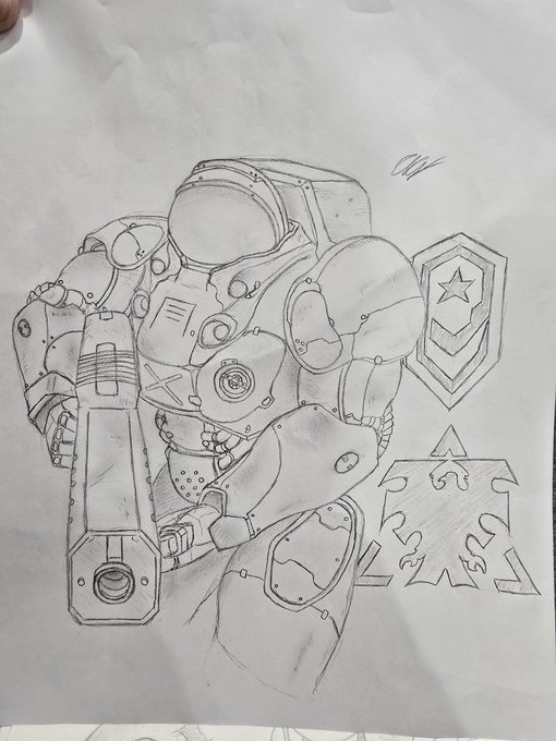 A pencil sketch on paper depicting a heavily armored mecha or robotic figure standing beside a military rank insignia and a cross-shaped emblem.