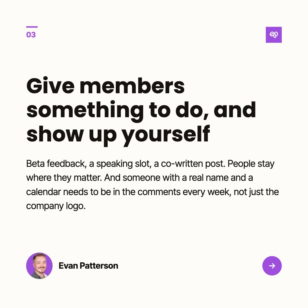 evanmpatterson's tweet photo. Built online communities since age 7. By 15, a gaming site with 200K monthly visitors on an allowance budget.

If I were CMO needing community-led growth, I'd start with 20 people. The best program I've run started that size and hit $500K+ in 90 days.

Then give it two years. https://t.co/6iuTXhmAN4