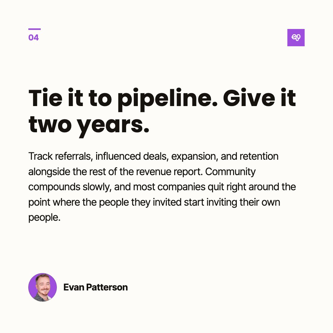evanmpatterson's tweet photo. Built online communities since age 7. By 15, a gaming site with 200K monthly visitors on an allowance budget.

If I were CMO needing community-led growth, I'd start with 20 people. The best program I've run started that size and hit $500K+ in 90 days.

Then give it two years. https://t.co/6iuTXhmAN4