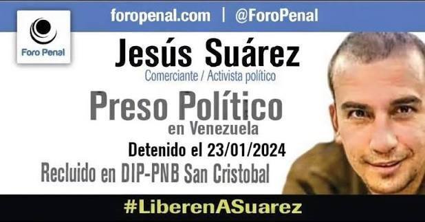 tiafatimasaleh's tweet photo. JESÚS SUÁREZ
Comerciante. 
Tachirense. 
Exdirigente estudiantil.

Detenido el 23/01/2024.
Le imputaron terrorismo, traición a la patria y asociación para delinquir.

Su causa está en el Tribunal Segundo de Juicio con competencia en terrorismo (Caracas).

Lleva más de 2 años y 8 meses privado de libertad en la DIP-PNB de San Cristóbal, Edo. Táchira.

Su mamá está enferma y espera que vuelva a casa.

#LiberenASuarez
#LibertadParaTodosLosPresosPoliticos

@lorearraiz @javiertarazona @yamilejimenezu @GustavoAzocarA @CesarPerezVivas @usembassyve @SecRubio @SenRickScott @RepMariaSalazar