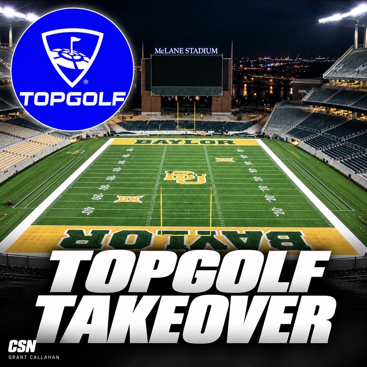 GrantCalNCAA's tweet photo. REPORT: Baylor announced Thursday that McLane Stadium will be transformed into a Topgolf Live venue from Oct. 29 through Nov. 1.

The event will feature up to 22 hitting bays inside the stadium, allowing fans to hit golf balls toward interactive targets placed throughout the football field.

Baylor will even host a Friday night watch party inside McLane Stadium while the Bears play UCF on the road.

School officials reportedly chose that weekend so fans could finally watch people consistently drive the ball to the end zone at McLane Stadium.

— Grant Callahan, CSN

#SicEm #BaylorFootball #Big12