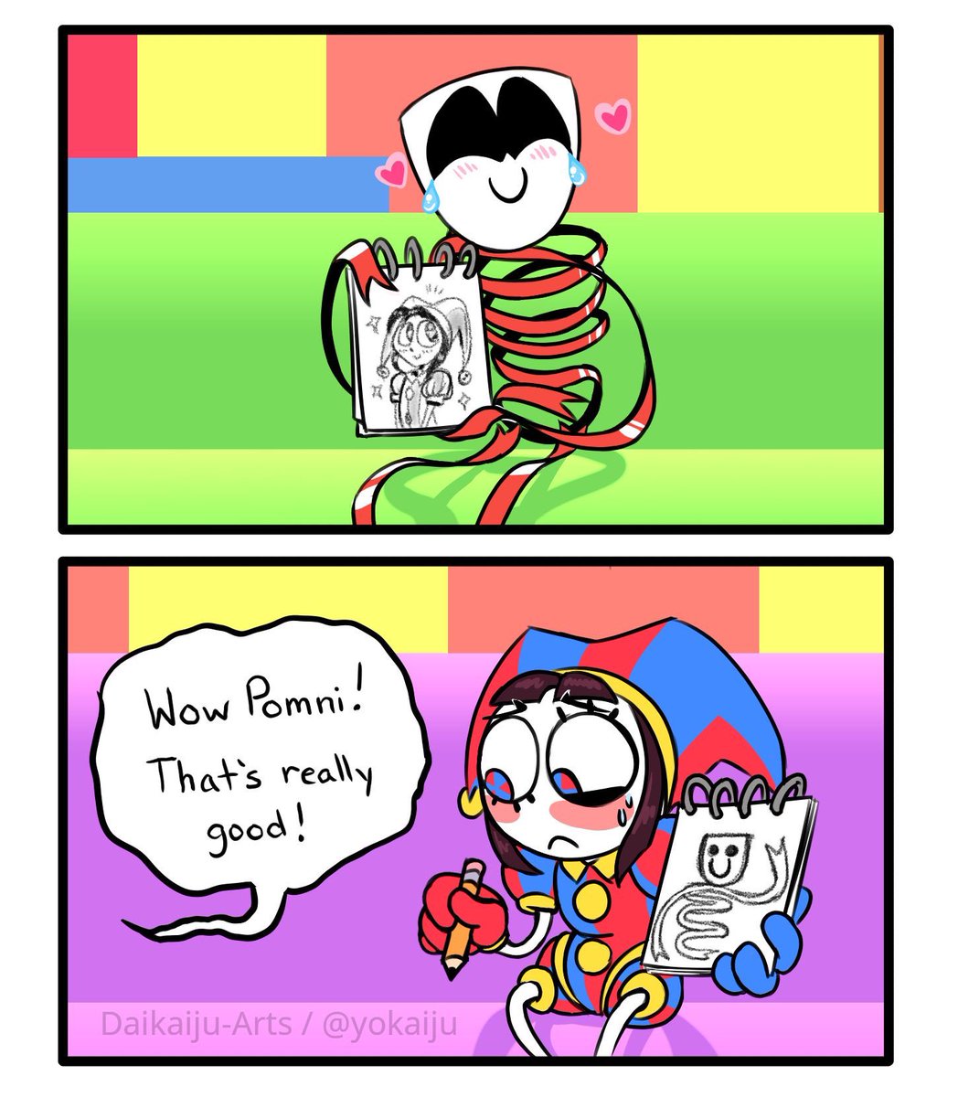 Yokaiju's tweet photo. “I know it sucks, you don’t have to lie to me.”

“Why would I lie about that?”

#TheAmazingDigitalCircus #tadc #Gangle #Pomni https://t.co/4rBYFIp3cX