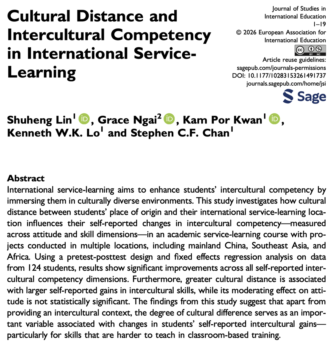 jsinted's tweet photo. Cultural distance and intercultural competency in international service-learning

Shuheng Lin, Grace Ngai, Kam Por Kwan, Kenneth W.K. Lo and Stephen C.F. Chan

→ https://t.co/C4fSCwLtpp

#CulturalDistance #InterculturalCompetence #StudyAbroad #ServiceLearning #HigherEd https://t.co/YdCnO2ihJH