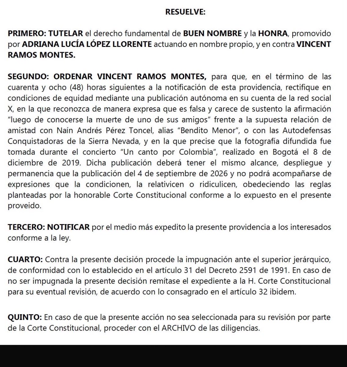 AdrianaLucia's tweet photo. Un juez le ordena a @VincenthRamos mos rectificar las afirmaciones falsas con las que me vinculó a grupos armados y proteger mi buen nombre y honra. Deberá hacerlo sin relativizar ni ridiculizar la rectificación. Mi voz y mis posiciones no justifican que se mienta sobre mí. https://t.co/DfIE04AY5n