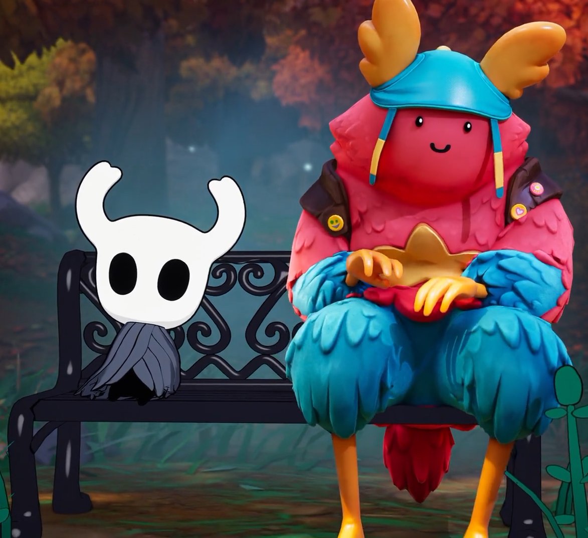 HYPEX's tweet photo. Hollow Knight Sidekick emote is both of you sitting on a bench, just like in the trailer 👇

And it seems like it also plays some music https://t.co/7Voyx55el1