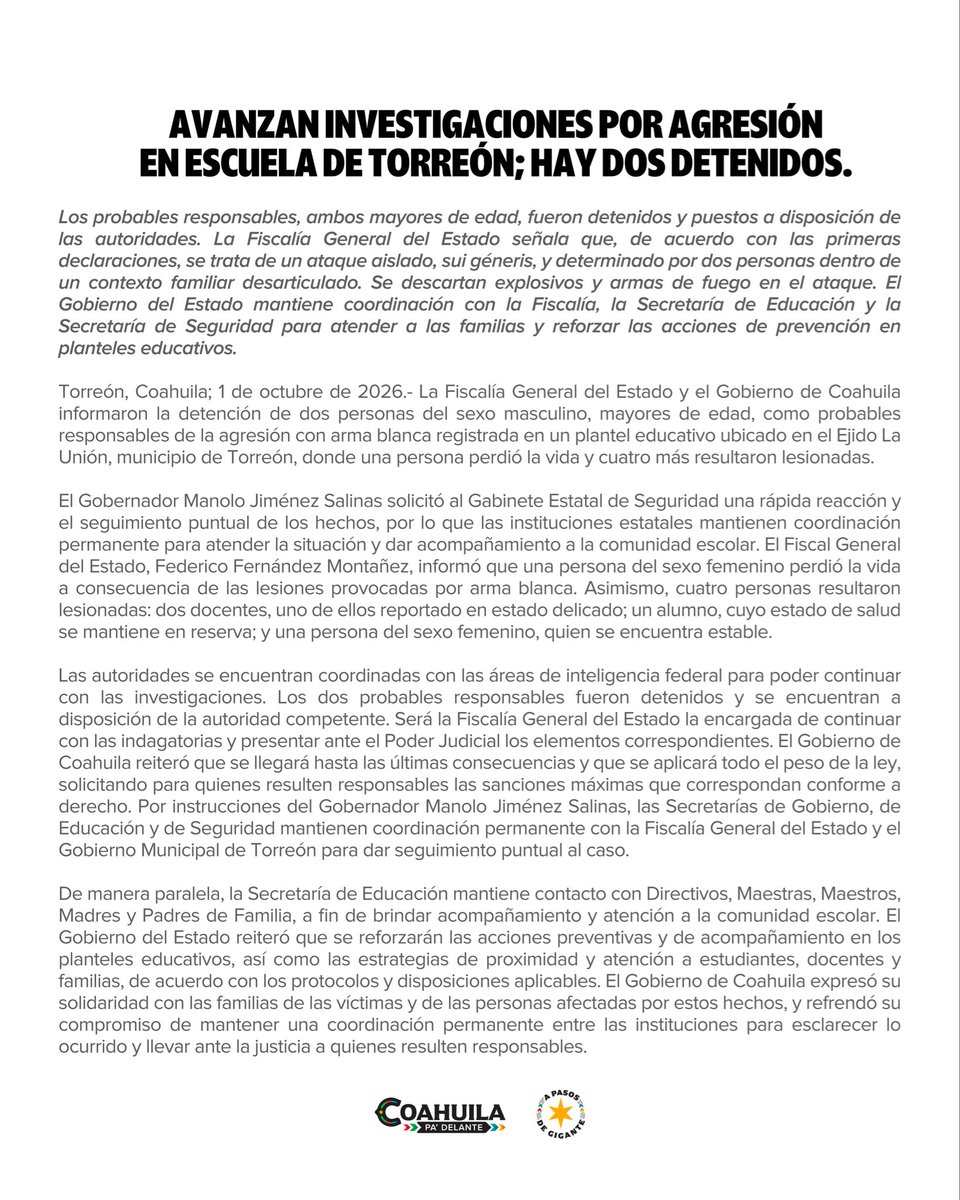 GobDeCoahuila's tweet photo. Avanzan investigaciones por agresión en escuela de Torreón; hay dos detenidos.

#CoahuilaPaDelante #APasosDeGigante https://t.co/AsFViMgpMS