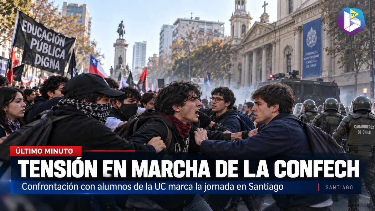 bombiteve's tweet photo. Violencia en plena Alameda: marcha de la Confech termina con estudiantes de la UC agredidos https://t.co/JnVFghuSOm 

Una multitudinaria movilización convocada por la Confech terminó marcada por graves incidentes en el centro de Santiago. Estudiantes de...
https://t.co/tKnq6hUVJe https://t.co/uAMdFeA0gR