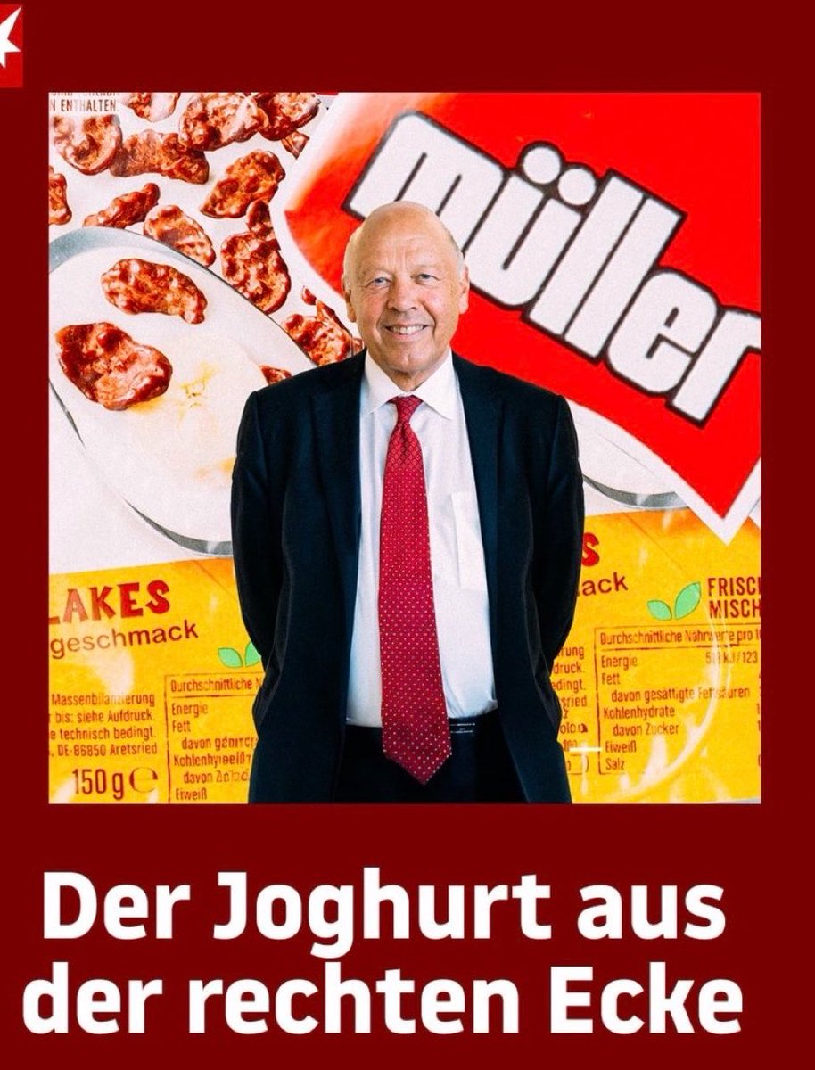Lord_Sixtus's tweet photo. Theo Müller lebt in der Schweiz um Steuern zu sparen. War seine eigene Aussage. Nach der Wende hat Müllermilch immense Subventionen für den Bau von Betrieben in Ostdeutschland erhalten.
Die Menschen in Ostdeutschland hat er für niedrigeren Lohn arbeiten lassen.
Die Füllmenge von Müllermilch wurde von 500 auf 400 ml reduziert. Bei gleichbleibendem Preis, was damals einer Steigerung von 25% entsprach.
Genau dieser Mann ist ein Freund von Alice Weidel und beglückwünschte sie und die AfD zum Sieg in Sachsen-Anhalt.
Nochmal: Bekam Förderungen ohne Ende und benachteiligte Sachsen im Lohn für ihre Arbeit.
Die AfD und ihre Anhänger feiern ihn.
Wenn dieser Mann mit dieser Unternehmensgeschichte nun eine Partei beglückwünscht und ihren Erfolg begrüßt, dann glaubt ihr AfD Wähler dass diese Partei etwas für euch, die Durchschnittsbürger, tut?
