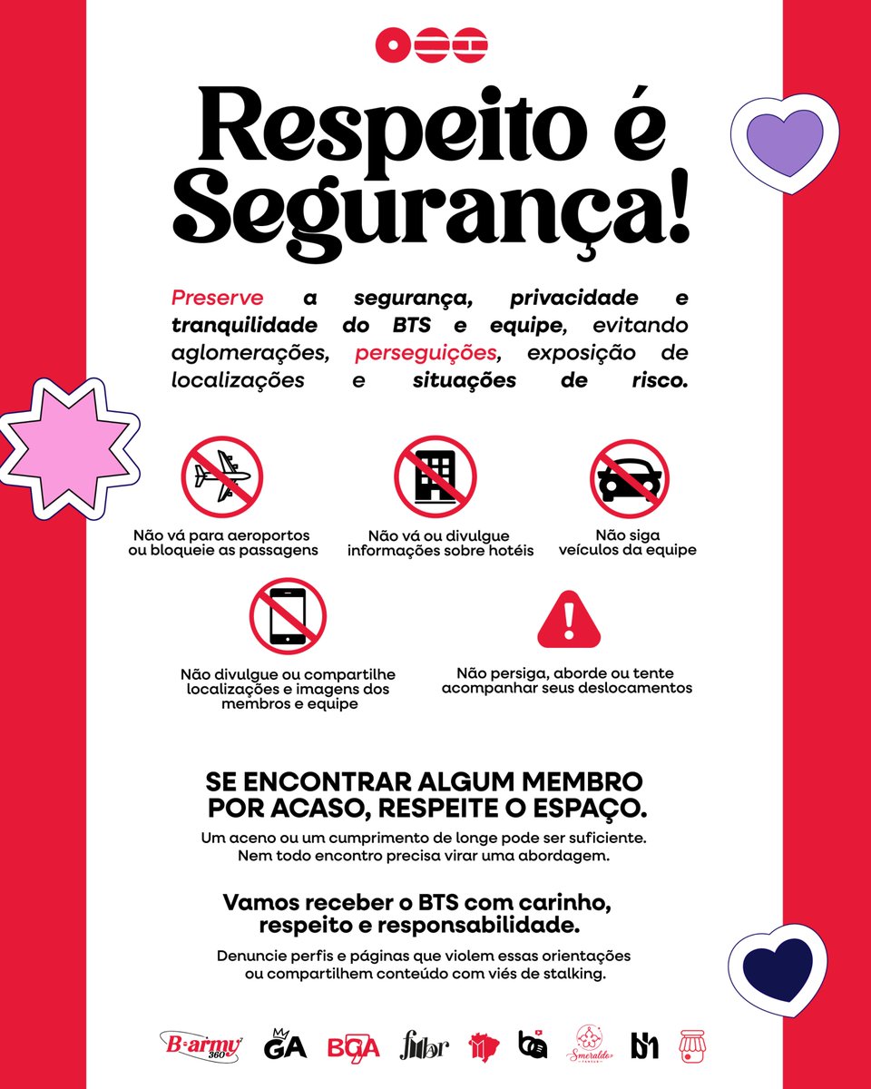 BTSxBRAZIL's tweet photo. O respeito é a maior prova de amor que podemos dar ao BTS! 💜

Então vamos garantir a segurança, a privacidade e o bem-estar do BTS, da sua equipe e de todos os ARMYS que estarão presentes em São Paulo nos dias 28 30 e 31 de outubro?

​Leia as orientações e faça a sua parte.
Compartilhe com o máximo de ARMY que conseguirem! 

Bora continuar fazendo bonito com o BTS em solo brasileiro como sempre fizemos desde 2014! 💜

#KeepBTSSafe #BTSnoBrasil