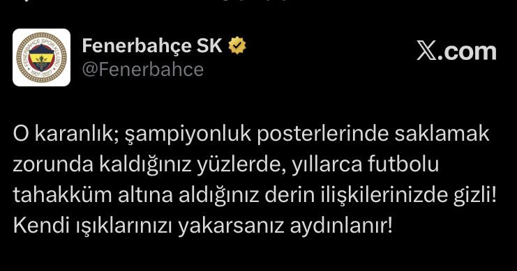 DerinFenerli_'s tweet photo. O karanlık; şampiyonluk posterlerinde saklamak zorunda kaldığınız yüzlerde, yıllarca futbolu tahakküm altına aldığınız derin ilişkilerinizde gizli!

Kendi ışıklarınızı yakarsanız aydınlanır!

#MHKİstifa #TemizFutbol #YasinKol https://t.co/8ANR5vZOiq