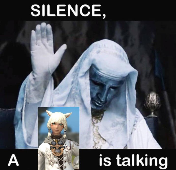Vevion's tweet photo. My experience in FFXIV MSQ whenever she's on the screen so far https://t.co/JzmKJVrkMU