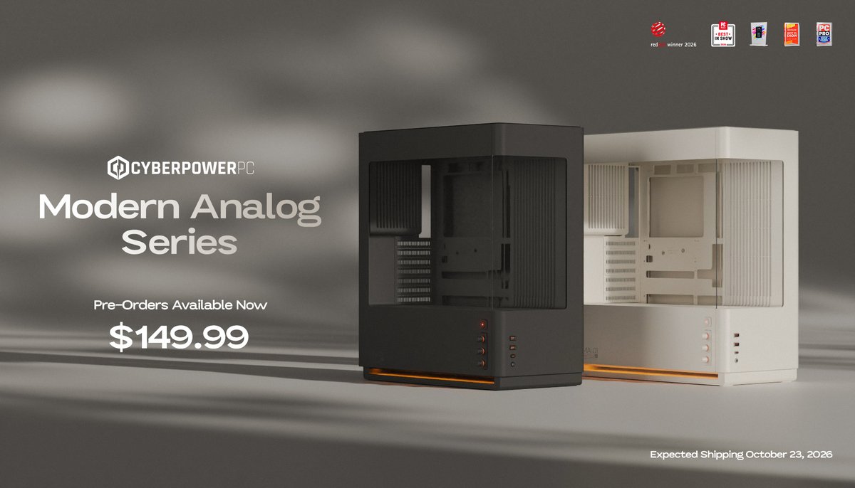 CYBERPOWERPC's tweet photo. Your next build. A different kind of presence.
The Modern Analog MA-01 is now available for pre-order!✨

-Curved panoramic glass
-Soft ambient lighting
- Three analog knobs to dial in your color, with no software required
-Available in Off-White and Dark Steel Gray
-Six 120mm ARGB PWM fans included

$149.99 | Case only
📅Ships on or after October 23

Make it yours! 🤩 pre order here: https://t.co/6EwLXHcICe

#cyberpowerpc #pccase #gamingpc #pcgaming