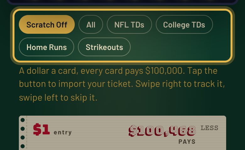 parlottoapp's tweet photo. Tip: Deal has a pill for each prop market: NFL TDs, College TDs, Home Runs and Strikeouts. Pick one and every ticket is that market only, singles first, then pairs, then trebles. https://t.co/2mwKzzIQAs