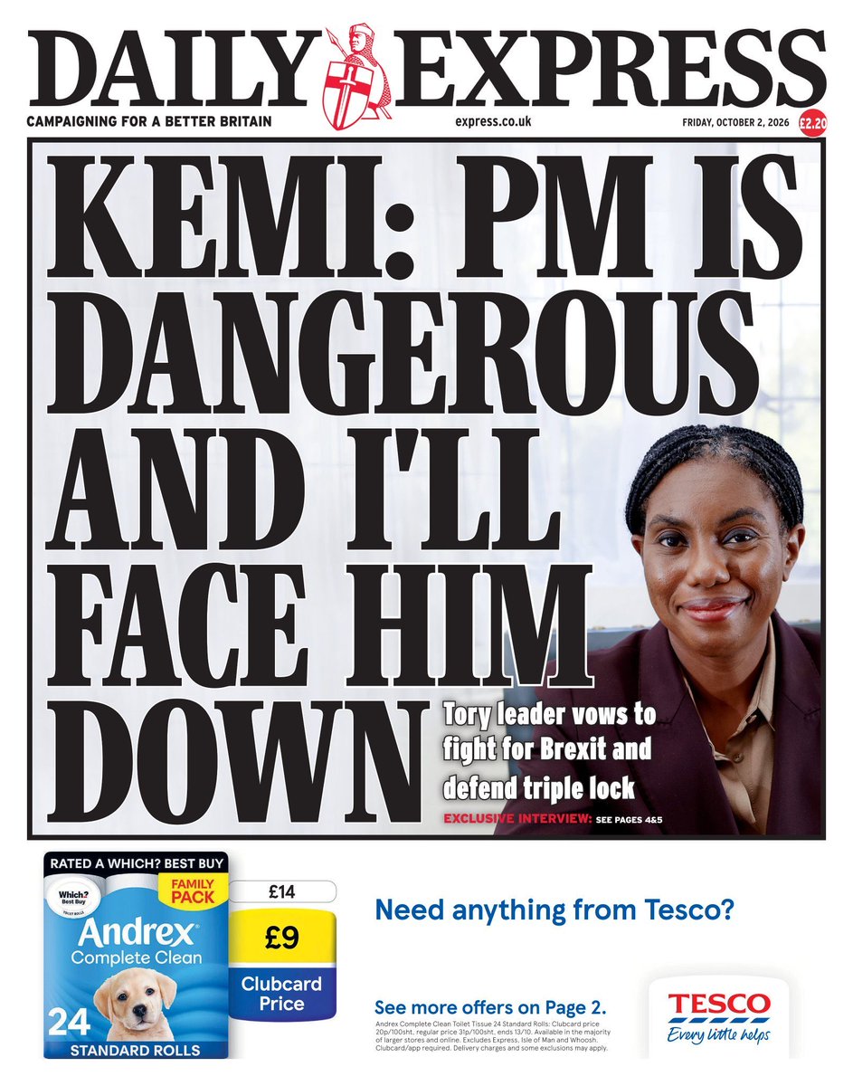 dan_djs_'s tweet photo. Another kick-ass cover from @KemiBadenoch in @Daily_Express.

She’s right. The PM *is* dangerous but Kemi bloody-well will face him down 💙💪 https://t.co/JSeGS0NCiF