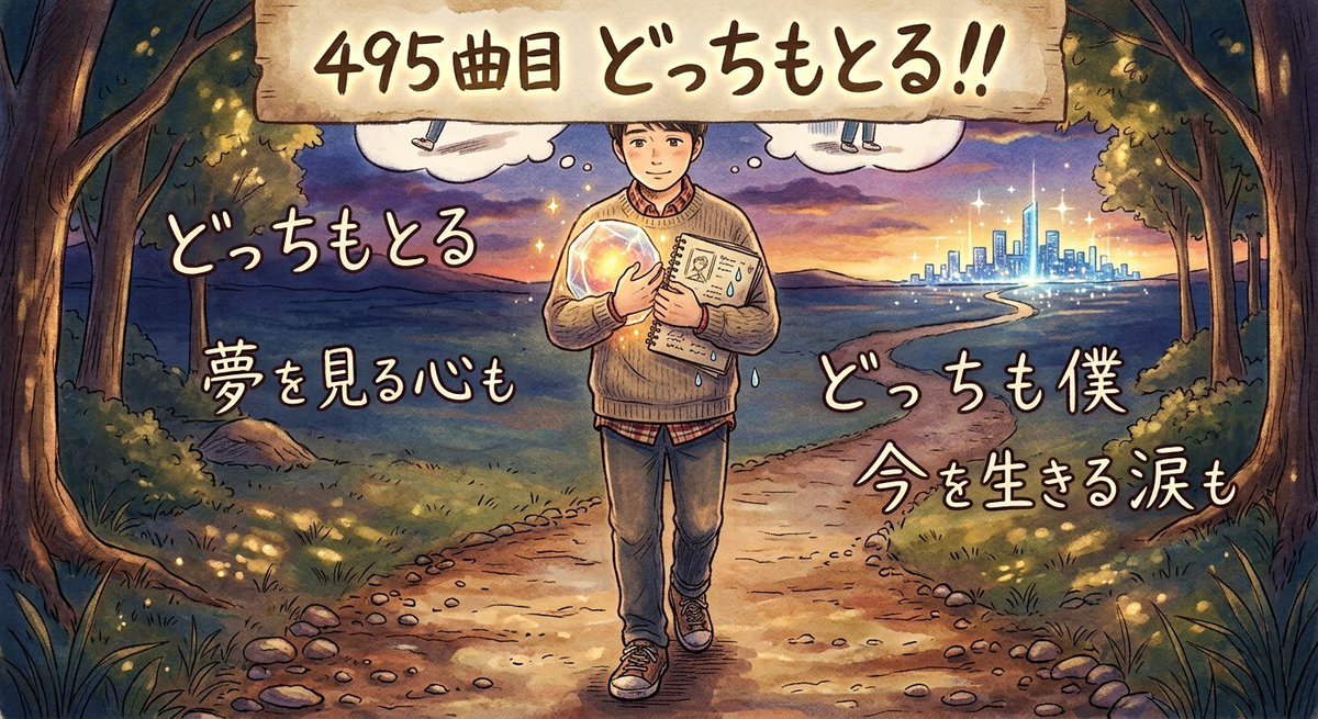 1972toshisan's tweet photo. 495曲目　どっちもとる！！

理想も悩みも捨てる必要なんてない。一歩ずつ進んでいこう！
＃癒し
＃自己肯定

https://t.co/XlTfw6ssoI

心ゆくまで曲を楽しみたい方、これからの歌作りを応援していただける方は、ぜひショップを覗いてみてください👇
https://t.co/vI6bPh967x https://t.co/SKfRu1fqO3