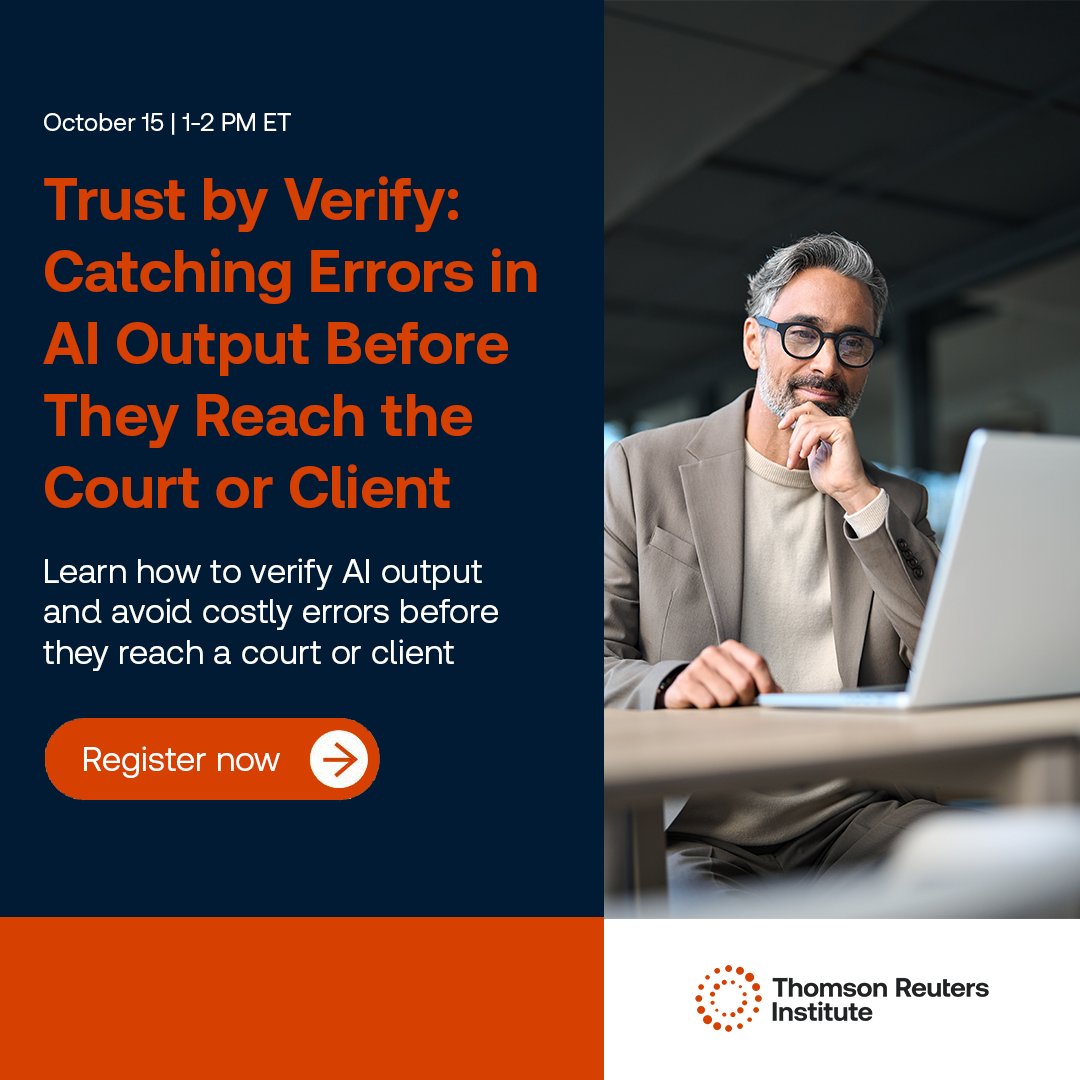 thomsonreuters's tweet photo. AI can accelerate legal work. It can also introduce fabricated citations, misgrounded propositions, and other errors with serious professional consequences.

Join us on October 15 for the Trust by Verify: Catching Errors in AI Output Before They Reach the Court or Client webinar. You'll learn practical techniques for verifying AI-generated output before it reaches a filing, client, or courtroom.

Register today: https://t.co/2XvKx7UDQw

#AI #LegalTech #TRInstitute