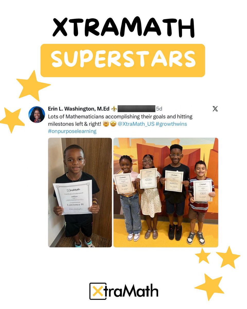 XtraMath_US's tweet photo. A huge congratulations to our first superstars of the 2026-2027 school year!🙌🏼🥳

These amazing students have been working hard to earn their certificates!

Keep up the great work! ✨ https://t.co/ByhSL1ugiQ