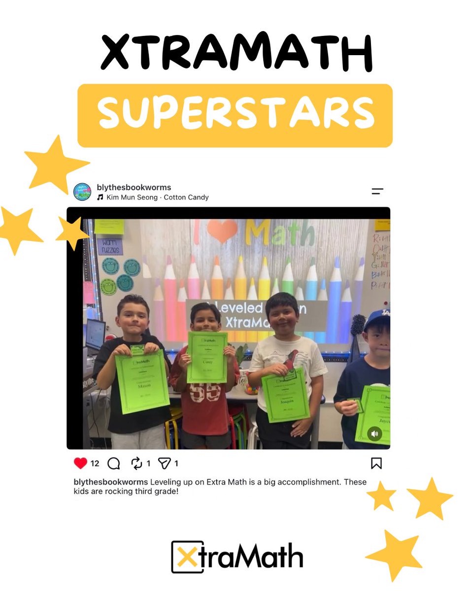 XtraMath_US's tweet photo. A huge congratulations to our first superstars of the 2026-2027 school year!🙌🏼🥳

These amazing students have been working hard to earn their certificates!

Keep up the great work! ✨ https://t.co/ByhSL1ugiQ