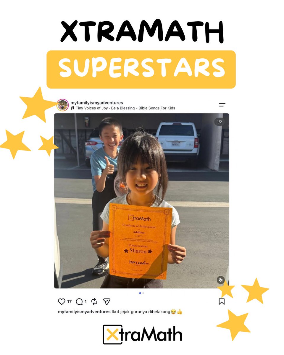 XtraMath_US's tweet photo. A huge congratulations to our first superstars of the 2026-2027 school year!🙌🏼🥳

These amazing students have been working hard to earn their certificates!

Keep up the great work! ✨ https://t.co/ByhSL1ugiQ