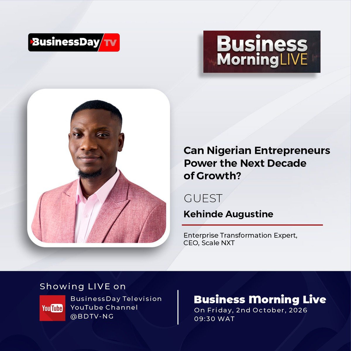 AJ_Kehinde's tweet photo. Join me tomorrow as I address a critical question for Nigeria’s future: Can Nigerian entrepreneurs power the next decade of growth?

I’ll explore what it will take to move from survival to scale, build stronger institutions and create more productive jobs.

#ScaleNXT https://t.co/0fGmSba6gs