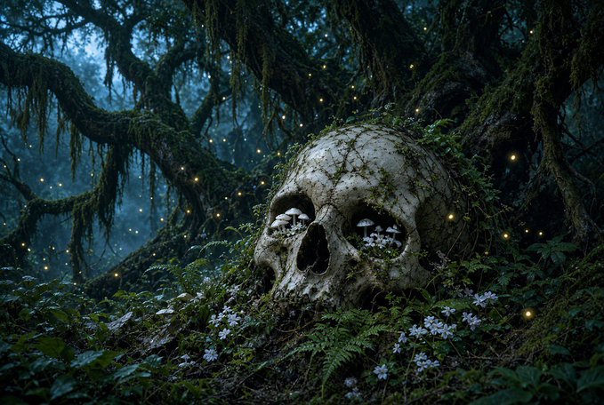 A dark, atmospheric fantasy scene of a moss-covered human skull resting at the base of a large tree, with white mushrooms growing inside and small glowing fireflies scattered throughout the misty forest.