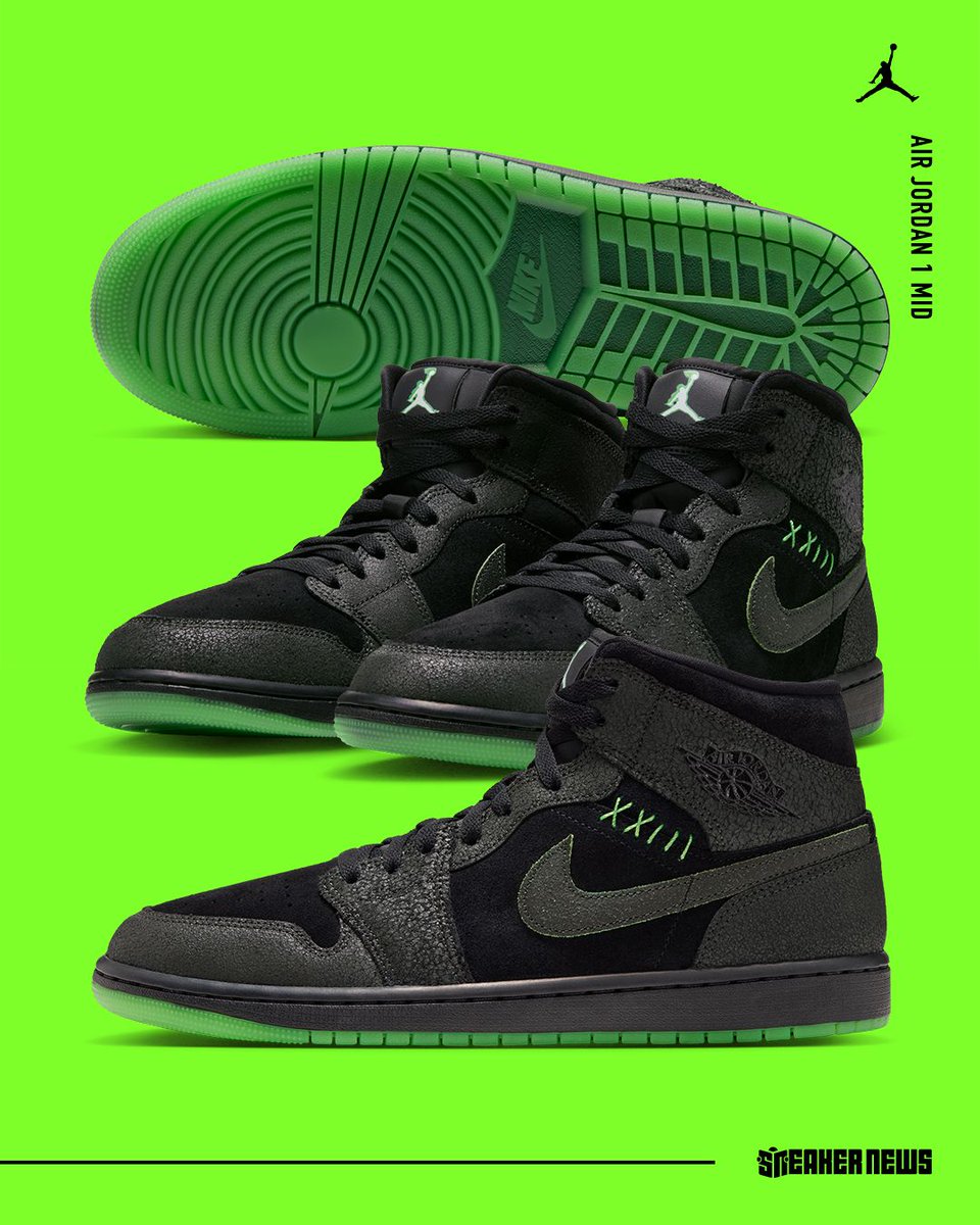 SneakerNews's tweet photo. The Air Jordan 1 Mid adds its own glow-in-the-dark colorway for October 👻 

Read more: https://t.co/wlWTO8OtS5 https://t.co/hYNR5Zk4ua