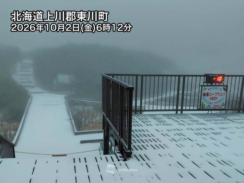 wni_jp's tweet photo. 【北海道・旭岳で🏔️初冠雪】
今日10月2日(金)、北海道・旭岳が初冠雪となりました。今季全国で初めての初冠雪の便りです。

なお、気象庁は今シーズンから初冠雪の目視観測を取りやめ、最新の観測技術に基づく「解析積雪深」により初冠雪を記録しています。
https://t.co/levbSBbFpy https://t.co/KBSXcQTqLW