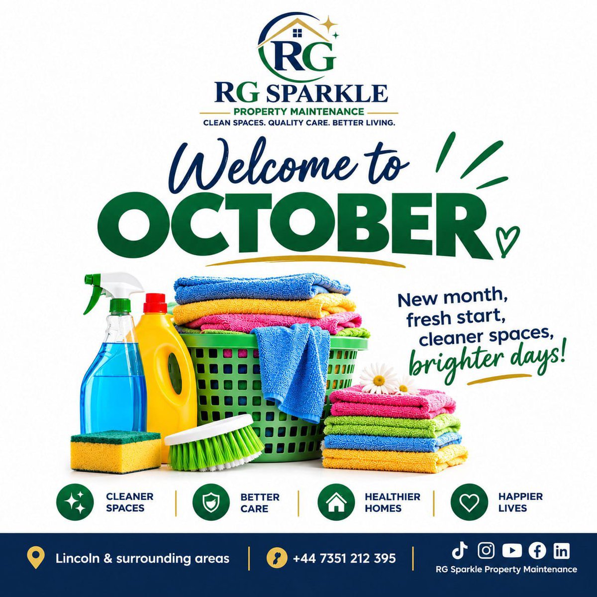 RGSPARKLESOL's tweet photo. Hello October! 👋💚

We’re stepping into a new month with fresh towels, clean spaces, and brighter days!

Let RG Sparkle handle the cleaning while you enjoy the season. 🧺✨

Tap the link in bio to book your October clean!
#WelcomeOctober #HelloOctober  #LincolnUK #RGSparkle #oct https://t.co/R2bQmk5Nyj