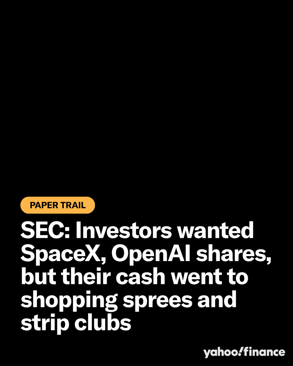 YahooFinance's tweet photo. Investors thought their money was buying pre-IPO shares in OpenAI, SpaceX, and xAI. The SEC alleges it went to strip clubs, Bloomingdale's, and Amazon instead. 

Two new cases add to a growing list of charges tied to the pre-IPO investing boom, though none of the actual companies involved are accused of wrongdoing.

Read more: https://t.co/836qEyQVyW