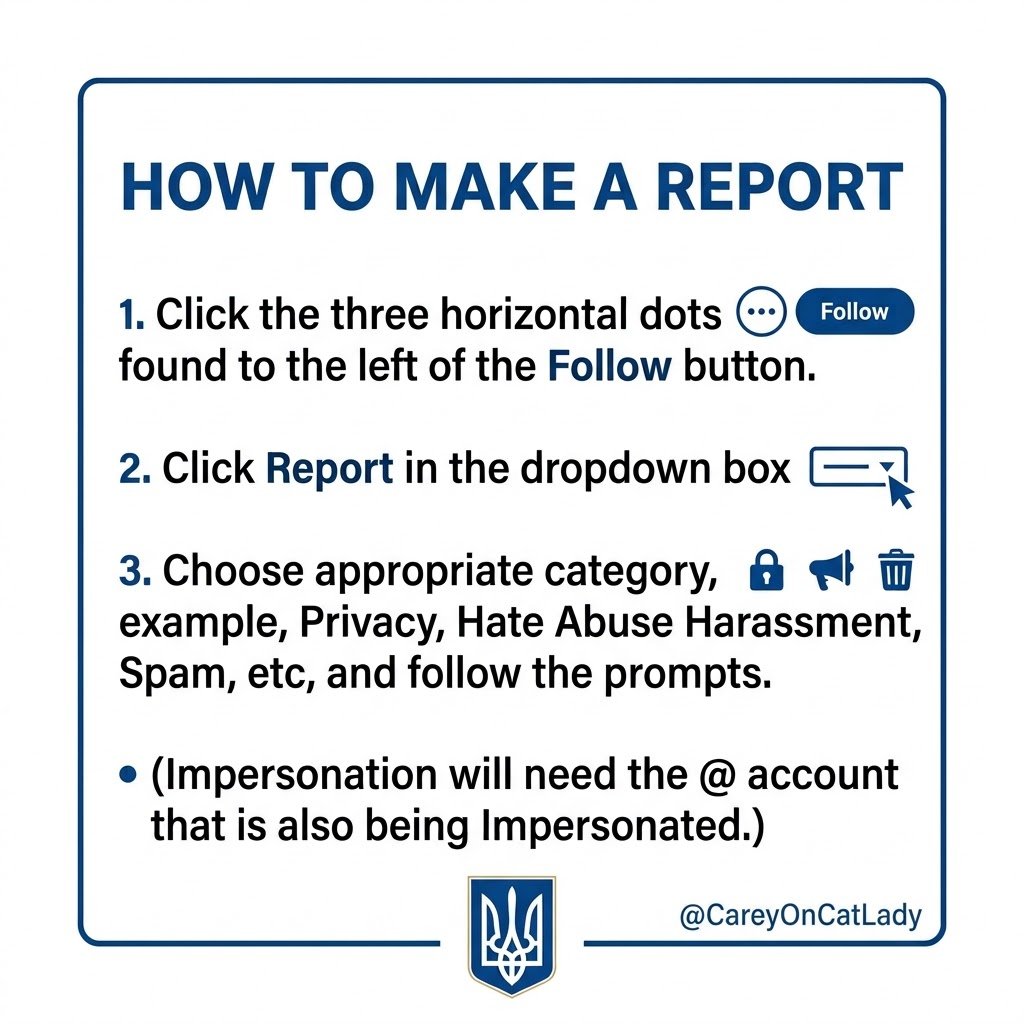 CareyOnCatLady's tweet photo. ❗️Alert!❗️
Several accounts that could do with a Reporting, and one in particular is of a serving Defender. It is slow going to reach everyone, so please repost and tag others if necessary.

Even if you're not tagged here, please check your followers -and- following lists to make sure these accounts are not in yours!

Our reporting may not close a fake/scam account, but we can take action and block it if we know it's there!

My DM/PM are open if you need to message me.

Thank you! 🫡💪🇺🇦🫂

FAKE/SCAM ACCOUNTS:

1)  ❌@ Marhtinacasual❌   
Based Nigeria/Conn. US App Store
I believe it's Impersonating ✅@Martinacasual✅
(Report for Privacy, Impersonation➕)
My Followers: @vojnaslo91 

2) ❌@ martinacasuali ❌ 
Based Nigeria/Conn. US App Store
I believe it's Impersonating ✅ @Martinacasual ✅
(Report for Privacy, Impersonation➕)
My Followers: @vojnaslo91  

3) ❌@ Mamasophiaes❌
Based Africa/Conn Africa Android App  ❗️ (VPN tech)
(Report for Spam➕)
My Followers: @vonHellofastink 

4a) ❌@ RebekahMac8a93 ❌
Based in Africa/Conn Africa Android App ❗️(VPN Tech)
Impersonating our Defender @bekamaciorowski 
(Report for Privacy, Impersonation➕)
 My Followers: @GlushkoDenys  @anticrestin  @ReneRYarbrough1  @Lucernelad05  @Bupattaya171832  @vonHellofastink  @StillADog  @Davemaster84  @PawelAdam  @sallygarner2  @Madximilian  @IuriFiedoruk 

4b) ❌ @ RebekahMac8a93 ❌ is FOLLOWING My Followers @JanWphotography  @skykiss22  @kvistp 

5) ❌@ Miawalkerwx2e ❌
Based in Nigeria/Conn Nigeria Android App ❗️(VPN tech)
(Report for Spam➕)
My Followers: @vonHellofastink 

6. ❌@ aniakinski_112❌
Based in Nigeria/Conn Nigeria Android App ❗️(VPN Tech) 
(Report for Spam➕)
My Followers:  @vonHellofastink

cc: @SydesJokes