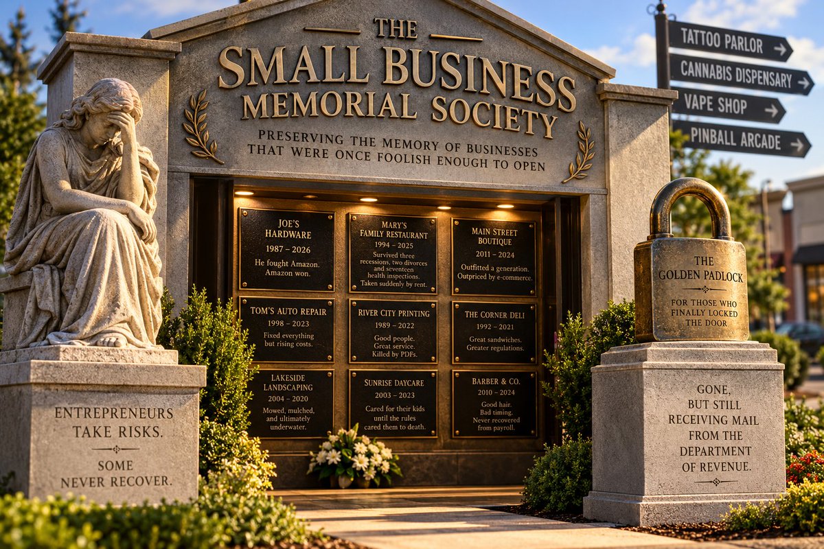 KimWojcinski's tweet photo. THE EVIDENCE™

FREE-FORM THURSDAY

THE SMALL BUSINESS MEMORIAL SOCIETY

Preserving the Memory of Businesses That Were Once Foolish Enough to Open

There was a time when America celebrated the small-business owner: the person who mortgaged the house, emptied the savings account, signed personal guarantees, worked weekends, hired neighbors, trained employees, sponsored the Little League team, donated to the high-school auction, collected taxes for governments without receiving a commission and somehow managed to unlock the front door every morning with enough enthusiasm to pretend this had all been a good idea.

Those people were once called entrepreneurs.

Today, an increasing number may qualify for membership in a new organization created specifically to honor their sacrifice.

The Small Business Memorial Society.

Its motto could be:

“Gone, but still receiving mail from the Department of Revenue.”

Membership would be exclusive, although regrettably not difficult to obtain. Applicants would need only demonstrate that they once operated a business, attempted to earn a profit, employed at least one person and eventually discovered that their most profitable remaining option was turning off the lights.

The initiation ceremony would be dignified. Former owners would gather around an empty storefront while a ceremonial FOR LEASE sign was placed in the window. A representative from the state would read the deceased company’s final tax return, after which another representative from the state would interrupt to explain that it had been filed incorrectly.

Refreshments would unfortunately not be available.

The caterer closed in June.

A MEMBERSHIP ORGANIZATION WITH ENORMOUS GROWTH POTENTIAL

The Small Business Memorial Society should have little difficulty recruiting members because America has spent decades producing candidates.

Restaurants could have their own division. Independent retailers could have another. Contractors, trucking companies, family manufacturers, repair shops, dry cleaners, neighborhood pharmacies and every other enterprise whose owners once believed that “being your own boss” meant nobody else could tell you what to do would all be eligible.

The Society’s membership brochure could open with one inspirational question:

“Did you once have customers?”

If the answer is yes, congratulations. You may already qualify.

Premium membership could be reserved for those extraordinary individuals who survived long enough to experience multiple generations of tax changes, insurance increases, wage mandates, licensing requirements, compliance rules, supply disruptions, labor shortages and government officials explaining that every new requirement would have “minimal impact on small business.”

These people should receive more than a membership card.

They deserve military-style campaign ribbons.

Three regulations and a recession could earn the bronze ribbon. Surviving a pandemic, an insurance renewal and a commercial lease renegotiation in the same twelve-month period could earn silver.

Anyone who survives all of those and still opens another business should probably receive psychiatric evaluation rather than an award.

THE SMALL BUSINESS MAUSOLEUM

Every serious memorial organization eventually needs a permanent monument, and the Small Business Memorial Society should construct one worthy of the entrepreneurs it represents.

The centerpiece would be the Small Business Mausoleum, an enormous wall modeled after a columbarium, except instead of holding cremated remains, each niche would contain a brass placard commemorating a departed business.

For a modest contribution, former owners could purchase a memorial plaque:

JOE’S HARDWARE
1987–2026
He fought Amazon. Amazon won.
Or:
MARY’S FAMILY RESTAURANT
1994–2025
Survived three recessions, two divorces and seventeen health inspections. Taken suddenly by rent.

Premium plaques could include a small photograph of the owner taken during happier times, preferably before payroll.

Families could visit on anniversaries, place flowers beneath the company name and tell the grandchildren stories about the strange period in American history when ordinary people rented buildings, stocked them with merchandise and expected customers to walk inside and buy things.
A separate section could honor businesses that disappeared so completely that nobody remembers what occupied the building before the tattoo parlor, cannabis dispensary, vape shop and twenty-seven pinball machines moved in.
THE ANNUAL CONVENTION

Naturally, the Society’s annual convention should be held in a former shopping mall.

There would be plenty of parking.

The Restaurant Graveyard Pavilion could feature photographs of establishments where families once ate dinner before the locations became tattoo parlors, cannabis dispensaries, vape stores, escape rooms and establishments containing enough vintage pinball machines to make visitors wonder whether civilization peaked in 1978.

One particularly moving exhibit could display restaurant equipment in its natural post-restaurant habitat: Craigslist.

The Retail Remembrance Hall would honor stores that disappeared after competing simultaneously against online giants, rising rents, shoplifting, payroll increases and customers who spent forty-five minutes receiving expert advice from the owner before announcing, “Great. I found it online for $6 less.”

The Manufacturing Memorial would recognize companies that spent decades making products domestically before being told that competing against overseas labor costs while absorbing domestic regulatory costs represented the wonders of the free market.

Former trucking-company owners would receive their own quiet room. There would be comfortable chairs, complimentary coffee and absolutely no discussion of diesel fuel, insurance premiums, DEF systems, freight rates or federal compliance because the Society’s lawyers would consider that an emotional-health hazard.

THE BENEFITS OF MEMBERSHIP

Unlike conventional business associations, which provide resources intended to help companies grow, the Small Business Memorial Society would offer benefits specifically designed for people who have already escaped.

Members could receive discounts on storage units where they keep desks, shelving, obsolete computers, employee handbooks and boxes containing 2,700 company pens bearing a telephone number that has since been disconnected.

Auction companies could offer preferred pricing on forklifts, restaurant equipment, office furniture and industrial machinery purchased for $78,000 and eventually sold to a man named Earl for $3,400.

The Society could establish a legal hotline for former owners who make the understandable mistake of assuming that closing a business causes government agencies to stop writing.

It does not.

Counselors would therefore specialize in helping members through the five recognized stages of business closure: denial, anger, bargaining, liquidation and forwarding mail.

The Society might also negotiate group discounts with shredding companies, because nothing provides emotional closure quite like watching twenty years of payroll records disappear into an industrial machine.

THE ANNUAL AWARDS DINNER

The Small Business Memorial Society’s annual awards banquet could become the social event of the year for people who no longer have to be at work at 6:00 the next morning.

The Last Man Standing Award would recognize the business owner who survived the greatest number of regulatory expansions before finally collapsing under one described as “common sense.”

The Death by a Thousand Forms Award would go to the company completing the largest number of government documents during its final year.

The We Value Small Business Award would be presented jointly by eighteen government agencies immediately after each collected a separate fee.

The Customer Loyalty Award would recognize the customer who shopped at a business for twenty-two years, then switched permanently to an online retailer over a $3.17 price difference.

The You Should Have Raised Your Prices Award would honor the owner whose customers complained bitterly about a five-percent increase while paying twelve dollars for a cup of coffee somewhere else without blinking.

The Golden Padlock, however, would remain the Society’s highest distinction and would be presented to the entrepreneur who personally locked the front door for the final time after realizing that retirement, unemployment and possibly incarceration all offered more predictable schedules.

Recipients would undoubtedly deliver emotional acceptance speeches thanking their spouses, children, employees, accountants, attorneys and loyal customers.

Several would also thank the government.

Without its assistance, they might still be working.

BUSINESS NETWORKING FOR PEOPLE WHO NO LONGER HAVE BUSINESSES

Traditional business organizations encourage members to exchange referrals and leads. The Small Business Memorial Society would provide networking opportunities better suited to its constituency.

Conversations might begin with:

“Who handled your auction?”

“Did the landlord come after the personal guarantee?”

“How long did it take the state to admit you were closed?”

“Did anybody buy the copier?”

“What did you do with 600 embroidered polo shirts?”

Networking tables could be organized according to stage of business bereavement.

Thinking About Closing would sit near the entrance.

Closing Soon would receive drink tickets.

Closed but Still Receiving Government Mail would be the largest table.

Sold Everything and Moved to Arizona would occupy the VIP section.

There would also be a table labeled Opened Another Business, although medical personnel would be stationed nearby.

THE JUNIOR MEMBERSHIP PROGRAM

The Society could perform a valuable public service by establishing a junior membership for people currently considering entrepreneurship.

These optimistic young people could attend seminars conducted by veteran former business owners who have already traveled the entire road from business plan to liquidation auction.

The curriculum might begin with Before You Sign Anything, followed by That Revenue Projection Is Adorable, Your Employee Costs More Than His Paycheck, The Lease Is Twenty-Seven Pages for a Reason and the advanced seminar, Meet Your Silent Business Partners: Everybody Who Can Fine You.

A final panel would bring together former restaurateurs, retailers, contractors and manufacturers to answer one deceptively simple question:

“Knowing what you know now, would you do it again?”

Organizers should probably schedule the session for the entire afternoon.

Security might also be prudent.

THE SOCIETY GIFT SHOP

No nonprofit organization should overlook merchandising.

The Small Business Memorial Society gift shop could sell coffee mugs reading:

I OWNED A SMALL BUSINESS AND ALL I GOT WAS THIS PERSONAL GUARANTEE.

T-shirts could announce:

FORMER ENTREPRENEUR — ASK ME ABOUT CASH FLOW.

Another popular item might read:

I SURVIVED PAYROLL.

For owners whose businesses had survived at least twenty years before closing, there could be a commemorative bumper sticker:

MY BUSINESS PAID TAXES IN THIS TOWN BEFORE YOUR CONDO WAS BUILT.

The premium gift item would naturally be a miniature bronze padlock mounted on walnut with a brass plate reading:

“I finally got my evenings back.”

THE NATIONAL MEMBERSHIP DRIVE

The Society��s first advertising campaign would require no celebrities, jingles or expensive creative agency.

Just an abandoned storefront.

Paper covering the windows.

A faded outline where the company sign used to hang.

Across the screen would appear the question:

“Do you remember the business that used to be here?”

Then:

“So do we.”

Finally, beneath the logo of the Small Business Memorial Society:

“Membership openings available daily.”

The campaign would probably be enormously successful.

That is where the satire becomes uncomfortable.

Because behind every ridiculous award, ceremonial padlock and brass memorial plaque is a business that once had somebody unlocking its doors in the morning. Someone supplied it, someone worked there, somebody depended upon its paycheck and somebody invested years of his or her life believing that enough work, judgment and perseverance could keep the enterprise alive.

The Small Business Memorial Society does not exist.

Yet.

Given the available membership pool, somebody probably ought to reserve the domain name.

The evidence has been presented. The verdict is yours.