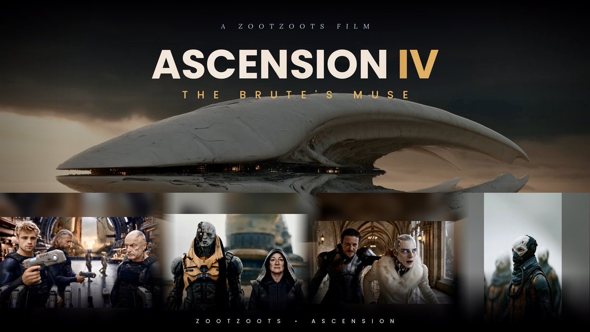 A movie poster titled 'ASCENSION IV: THE BRUTE'S MUSE' by Zootzoots Film, featuring a large futuristic spacecraft hovering over a reflective surface with a row of character portraits along the bottom.