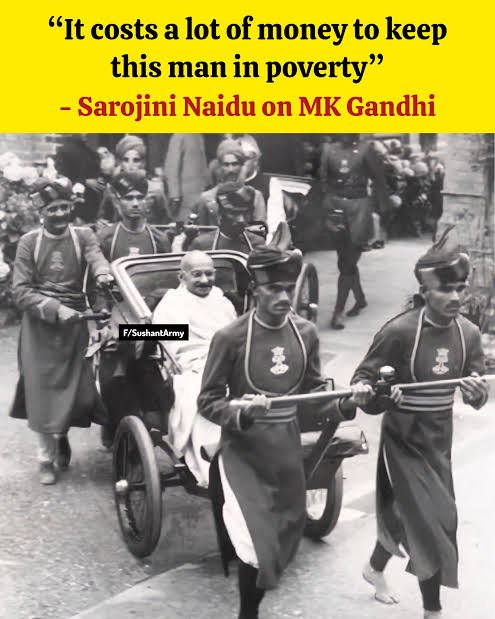 DpreetG's tweet photo. "It costs a lot of money to keep this man (Mahatma Gandhi) in poverty"

- Sarojini Naidu https://t.co/ZY0djZ3ztj