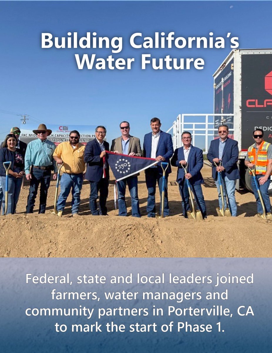 ReclamationCGB's tweet photo. The Bureau of Reclamation and Friant Water Authority have broken ground on Phase 1 of the Friant-Kern Canal Pump Station Replacement Project—a $200 million federal investment to modernize critical water infrastructure and strengthen reliable water deliveries across the San Joaquin Valley. 

To learn more go to: https://t.co/zD4iLJUCDL

📸 1: Aerial view of the middle reach of the Friant-Kern Canal. The Middle Reach Capacity Correction Project, completed in Spring of 2024, was the first phase and corrected the most critical portion of the canal. 
📸 2: This is one of the five aging pump stations that will be replaced on the Friant-Kern Canal.  
📸 3: View of San Joaquin Valley farmland. As part of the Central Valley Project, the 152-mile Friant-Kern Canal delivers water to one million acres of some of the most productive farmland in the country. 
📸 4: Department of the Interior and Reclamation leadership alongside Friant Water Authority joined federal, state, and local officials as well as farmers, water managers, and community leaders at a project groundbreaking ceremony.