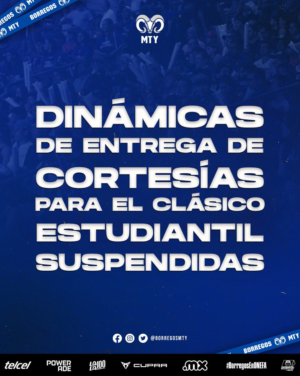 BorregosMty's tweet photo. Debido a la reducción considerable de cortesías otorgadas por el equipo local para el #ClásicoEstudiantil, no contaremos con boletos disponibles para dinámicas de distribución.

Los invitamos a vivir la emoción del partido y seguir el minuto a minuto en nuestras redes oficiales. https://t.co/ro2hDxOil2