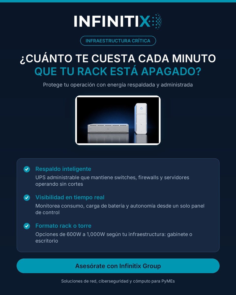 Infinitixgroup's tweet photo. Un apagón de 10 minutos puede detener ventas y bloquear accesos. Los UPS UniFi Power Tech protegen tu rack con respaldo administrable: monitoreo en tiempo real, apagado seguro y alertas automáticas. Formato rack o torre según tu infraestructura. #InfraestructuraCritica https://t.co/TLXxFWwTWd