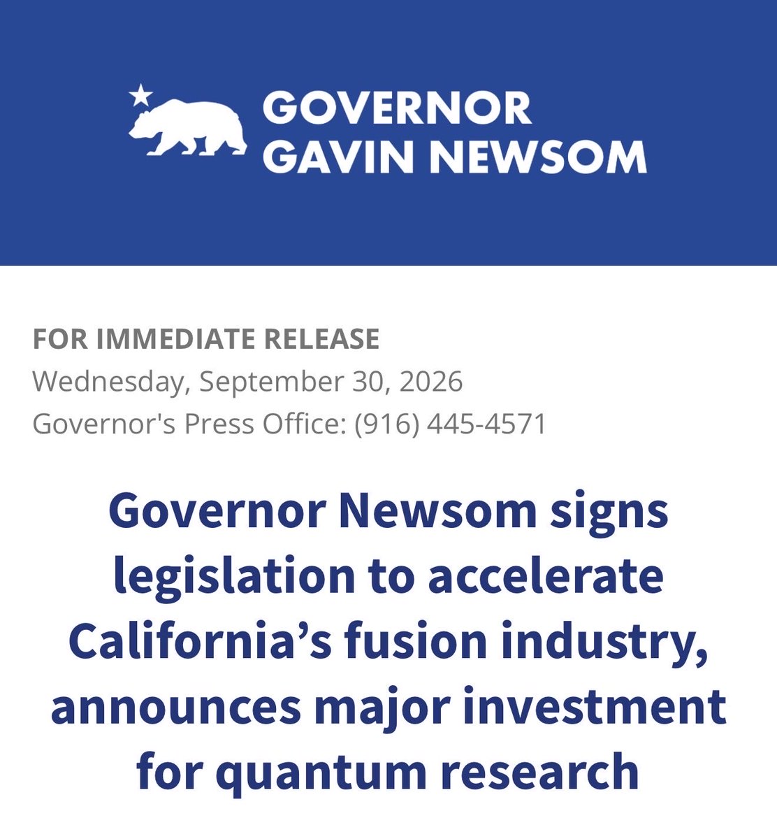 SenBrianJones's tweet photo. Nuclear Energy Is Back on the Table in California.

Our bill requiring the state to assess the potential for advanced nuclear power plants to help meet California's energy needs is now law. We have been saying for years that nuclear has to be part of California's clean energy future. Thank you to @AsmLisaCalderon for introducing AB 2647 and for her partnership every step of the way. Today it finally is. #FixCalifornia